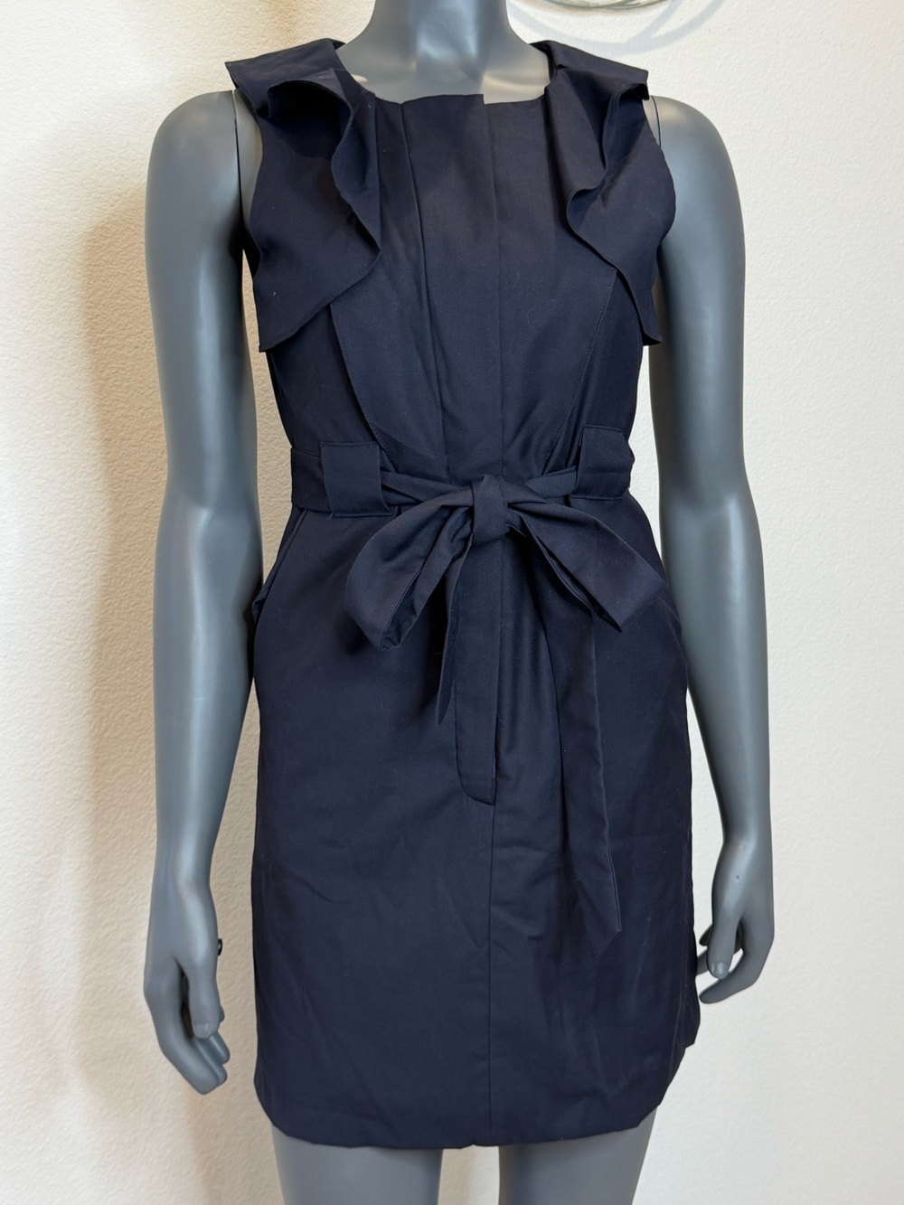Esley Navy Ruffle Trim Sleeveless Belted Mini Dress Women’s Size S Businesscore